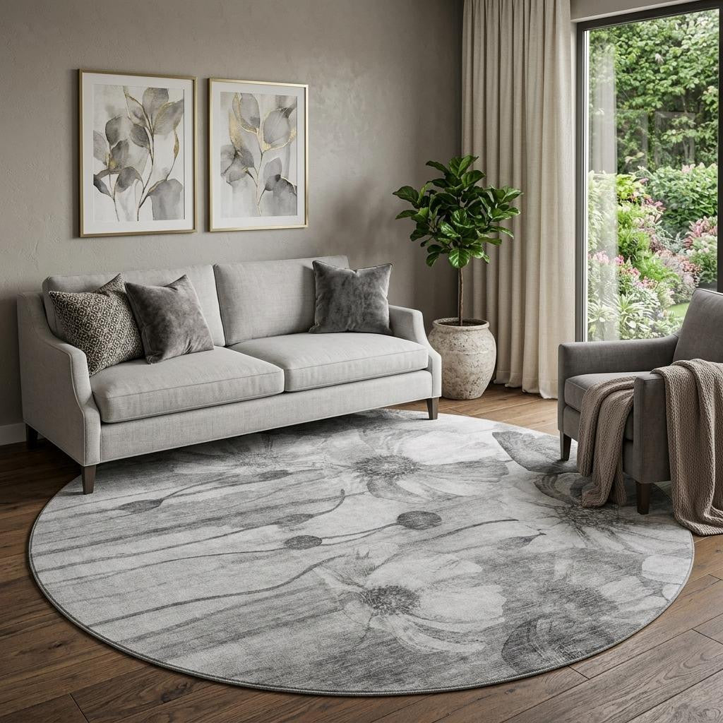 8 Gray And Silver Floral Washable Round Rug With UV Protection