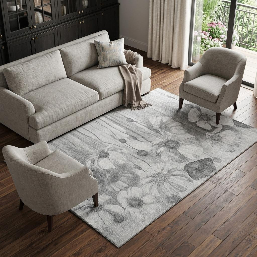 10 X 14 Gray And Silver Floral Washable Area Rug With UV Protection