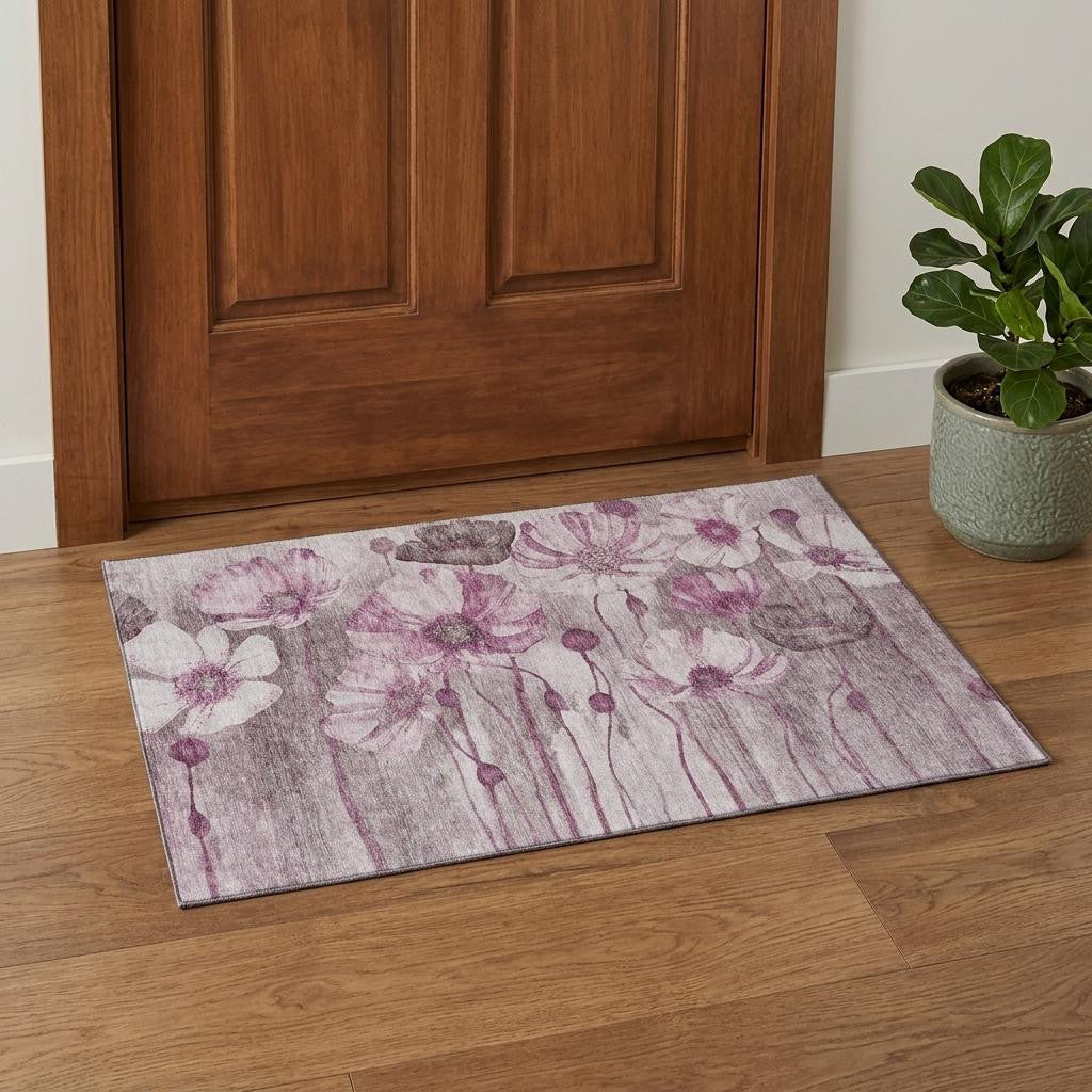 3 X 5 Plum And Ivory Floral Washable Area Rug With UV Protection