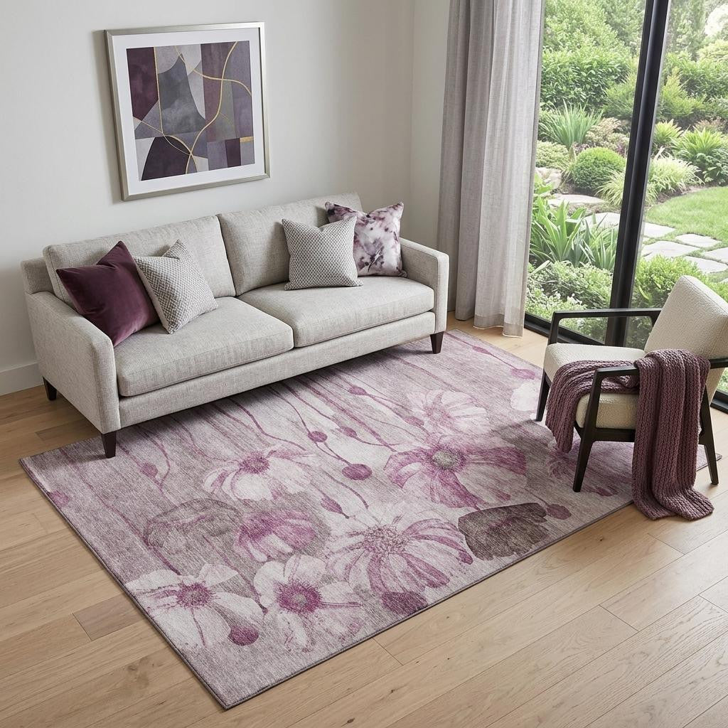 5 X 8 Plum And Ivory Floral Washable Area Rug With UV Protection