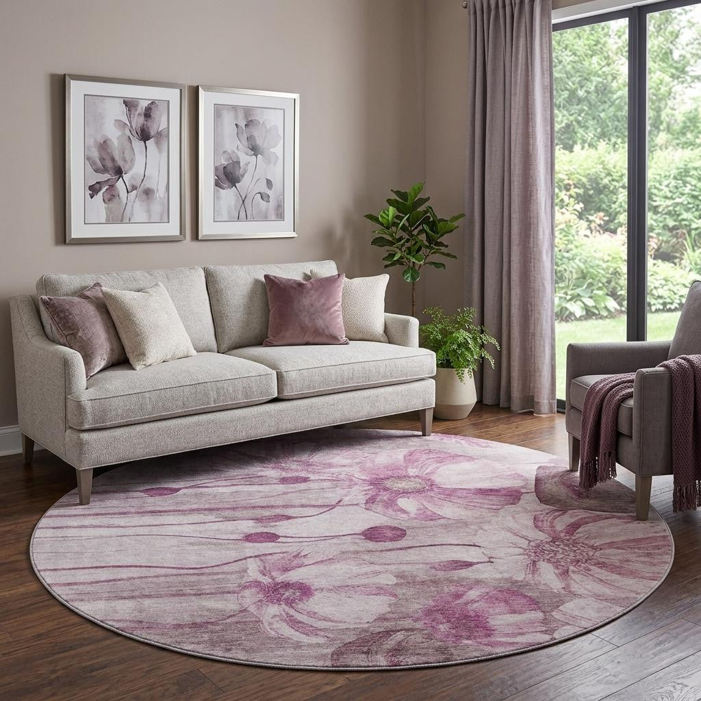 8 Plum And Ivory Floral Washable Round Rug With UV Protection