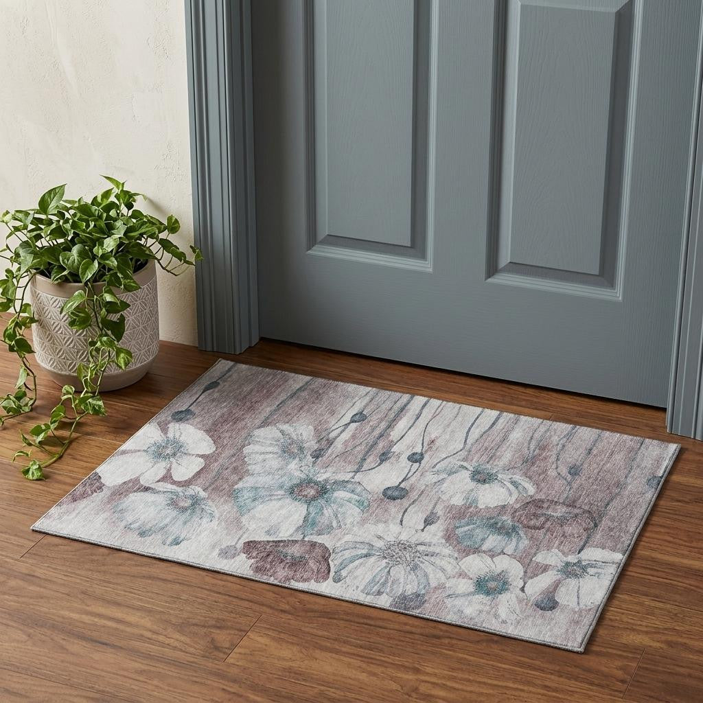 3 X 5 Teal Mauve And Ivory Floral Washable Area Rug With UV Protection
