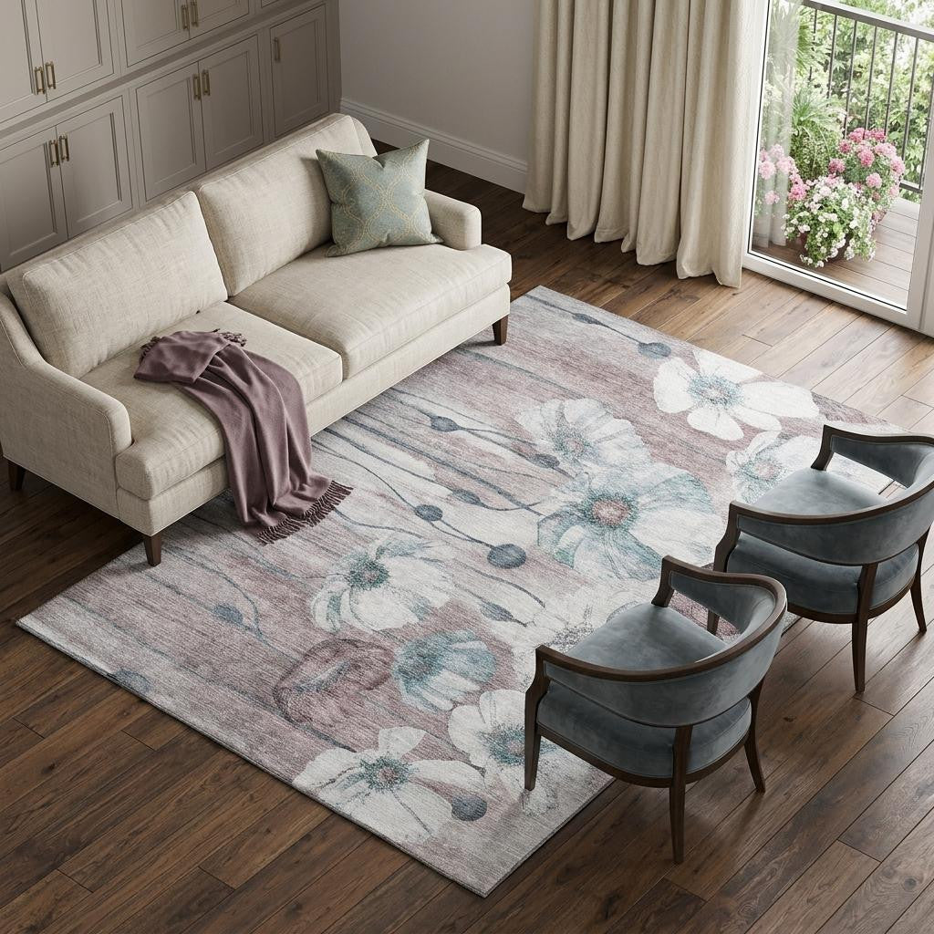 8 X 10 Teal Mauve And Ivory Floral Washable Area Rug With UV Protection