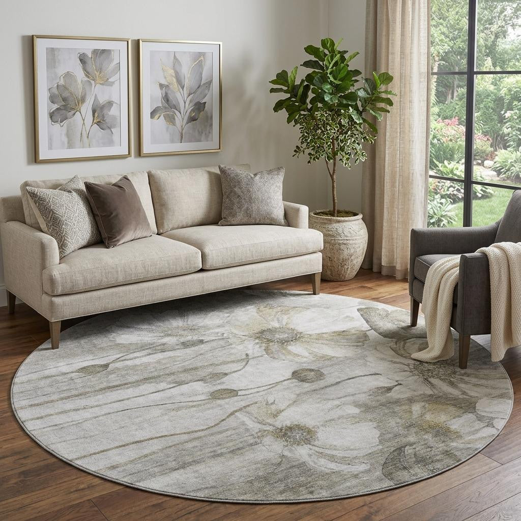 8 Taupe And Ivory Floral Washable Round Rug With UV Protection