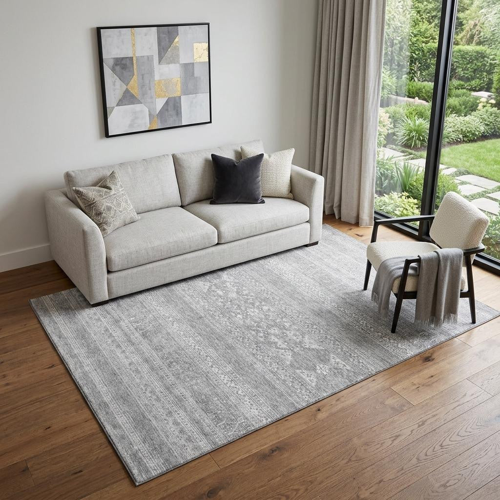 5 X 8 Silver And Gray Southwestern Washable Area Rug With UV Protection