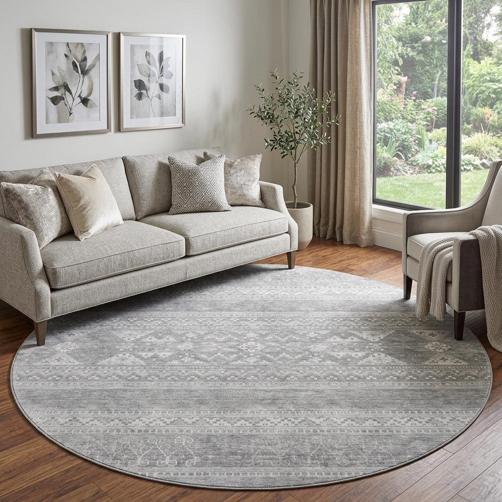 8 Silver And Gray Southwestern Washable Round Rug With UV Protection
