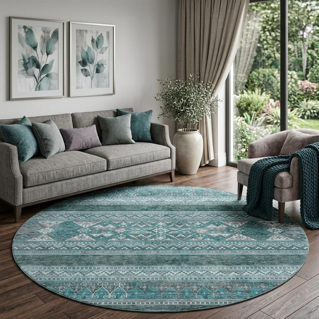 8 Teal And Ivory Southwestern Washable Round Rug With UV Protection