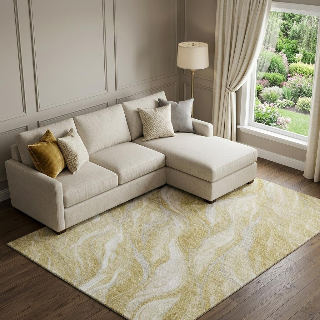 8 X 10 Gold And Ivory Abstract Washable Area Rug With UV Protection