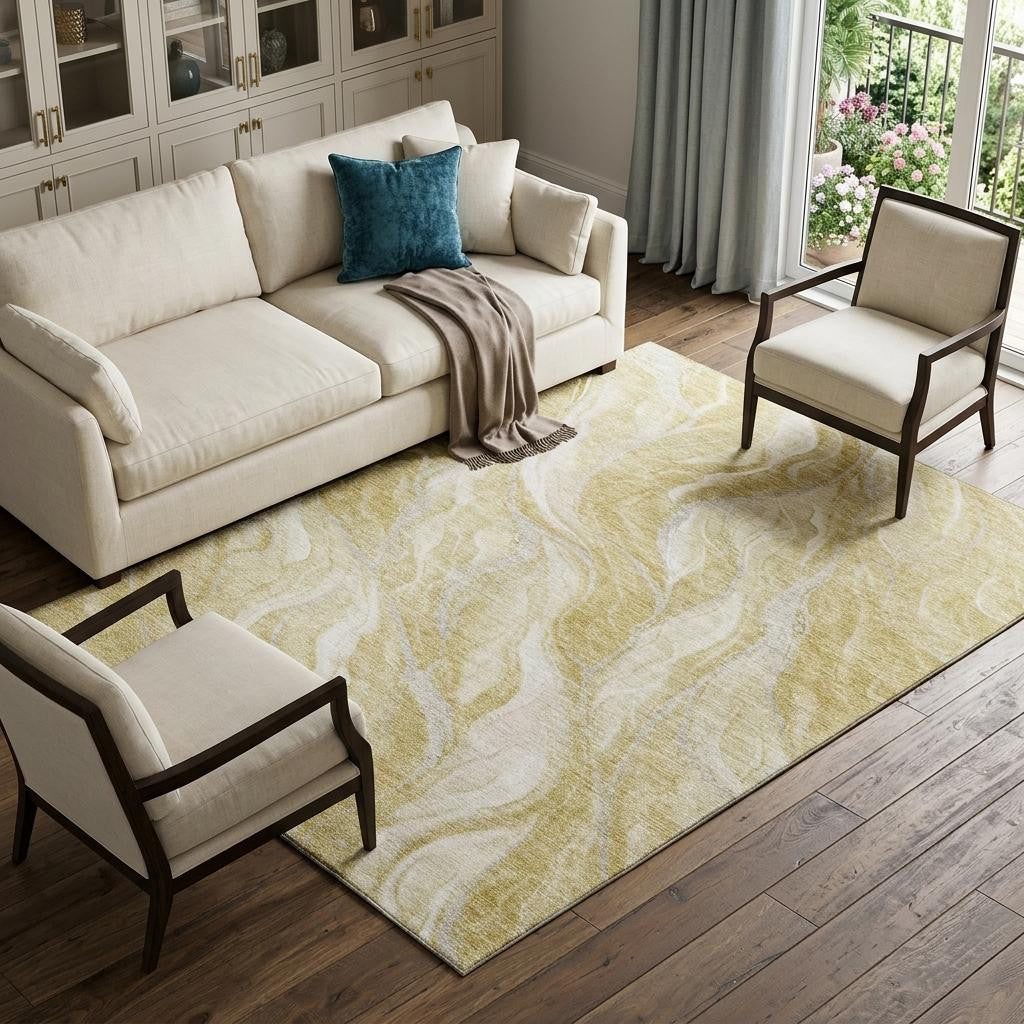 9 X 12 Gold And Ivory Abstract Washable Area Rug With UV Protection