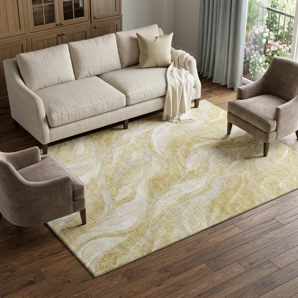 10 X 14 Gold And Ivory Abstract Washable Area Rug With UV Protection