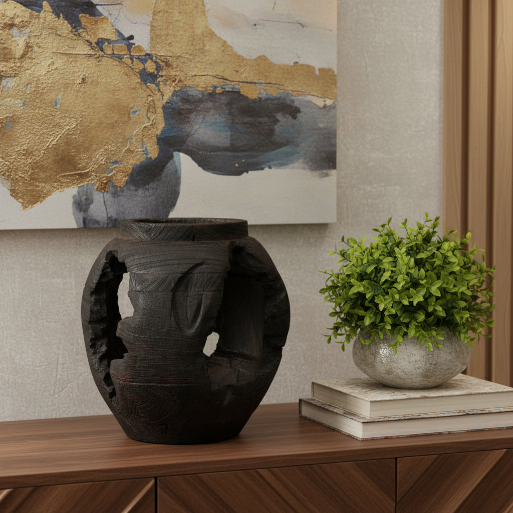 14 Black Solid Wood Table Vase With Sculptural Details