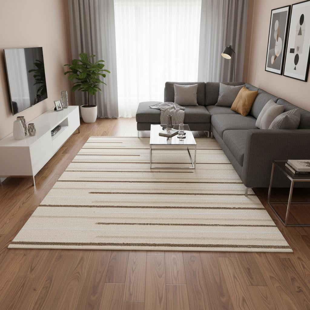 7 X 10 Cream And Brown Striped Area Rug