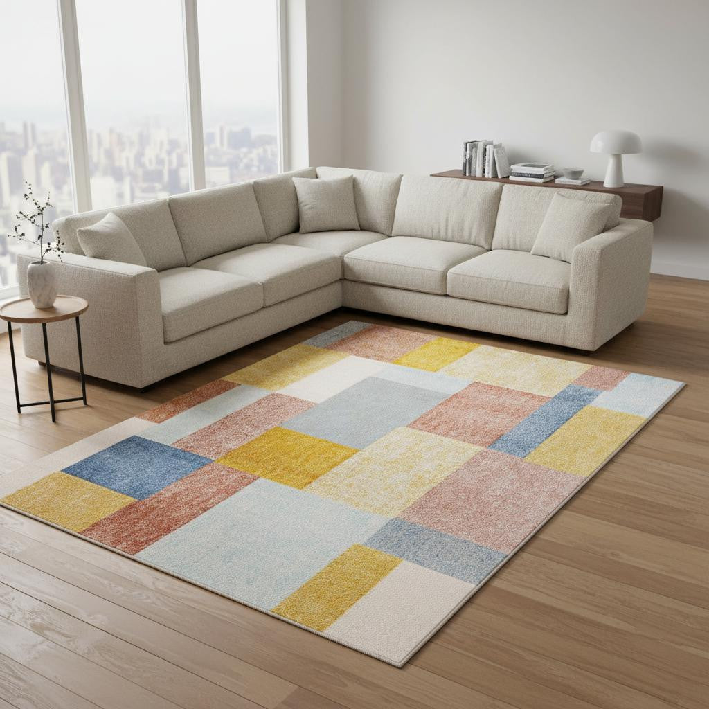 8 X 11 Yellow Orange And Blue Geometric Area Rug