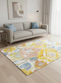 5 X 8 Yellow Blue And Pink Botanical Leaves Area Rug