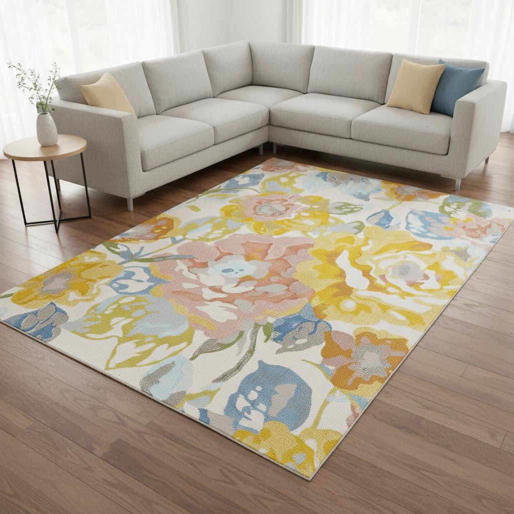 8 X 11 Yellow Blue And Pink Botanical Leaves Area Rug