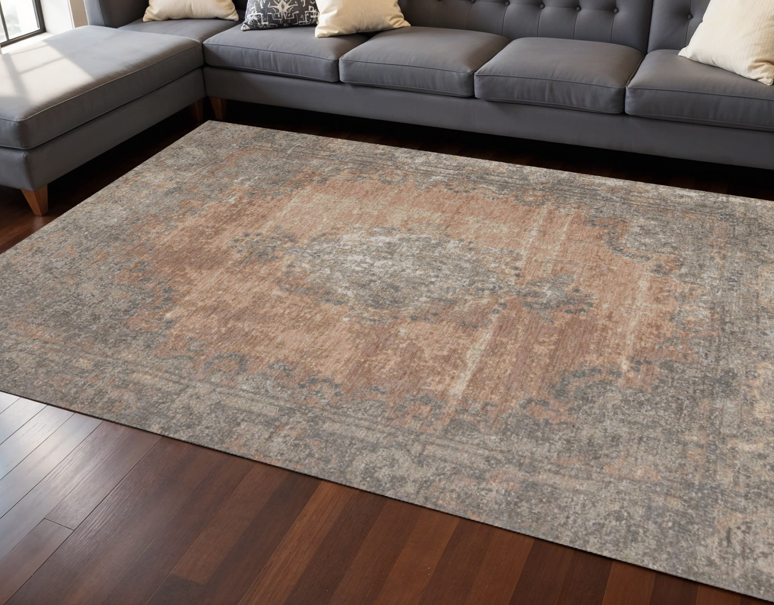 8 X 11 Gray And Pink Medallion Area Rug