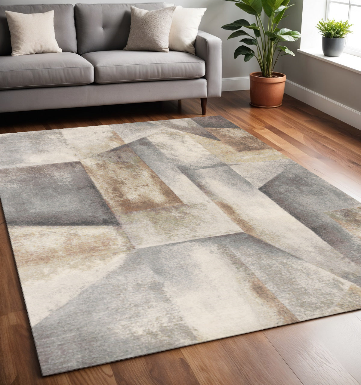 5 X 8 Gray Beige And Brown Abstract Area Rug