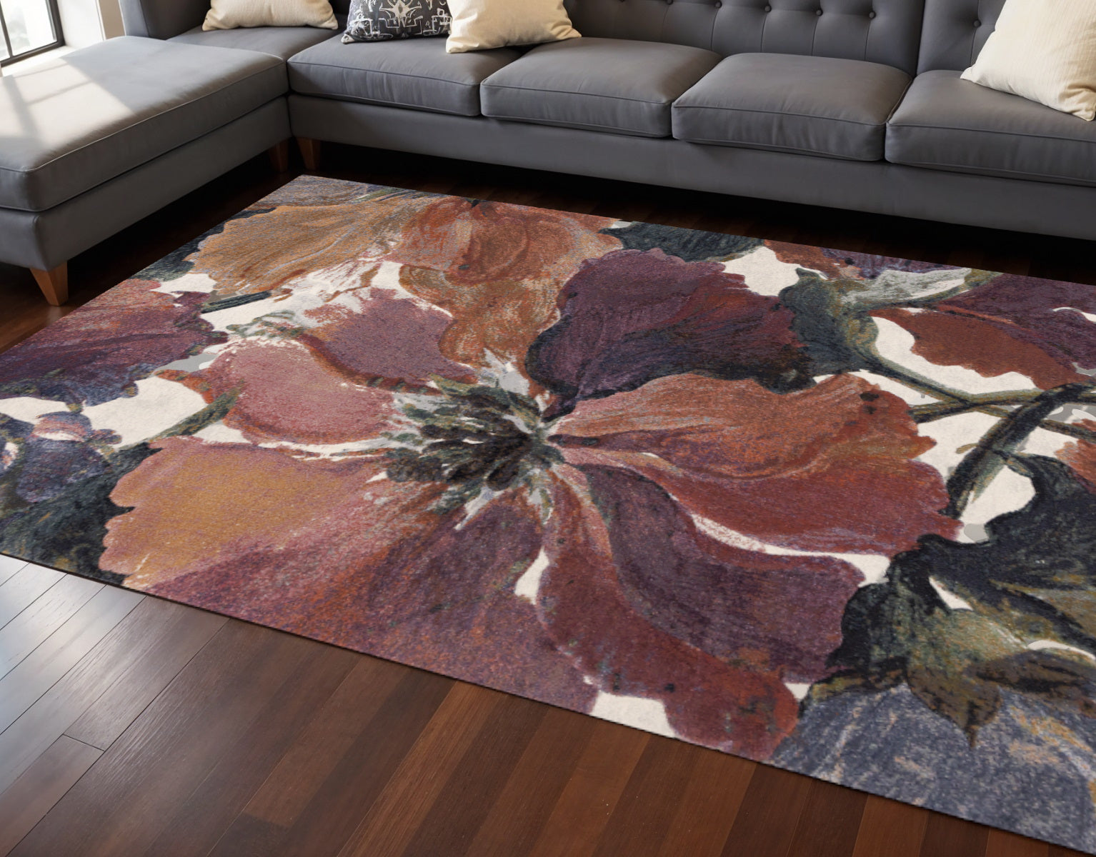 8 X 11 Pink Green And Beige Botanical Leaves Area Rug