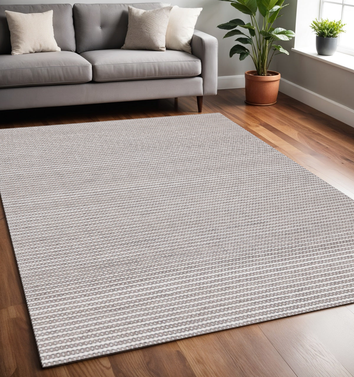 5 X 8 White And Taupe Striped Hand Woven Area Rug