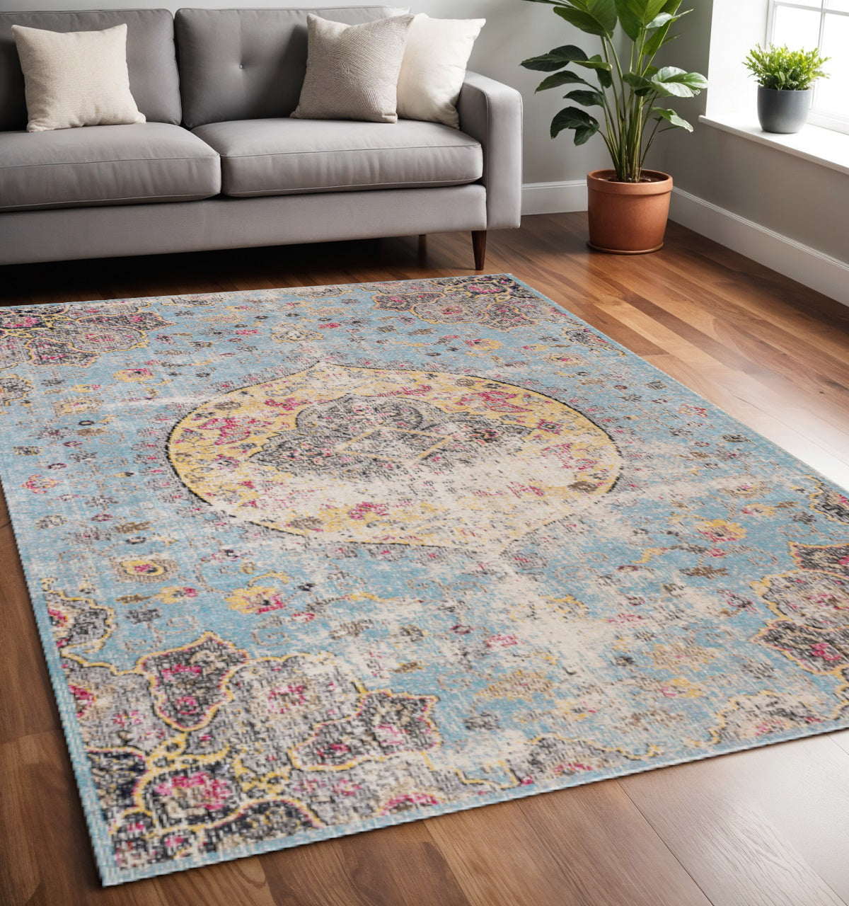 5 X 8 Blue Yellow And Pink Medallion Area Rug