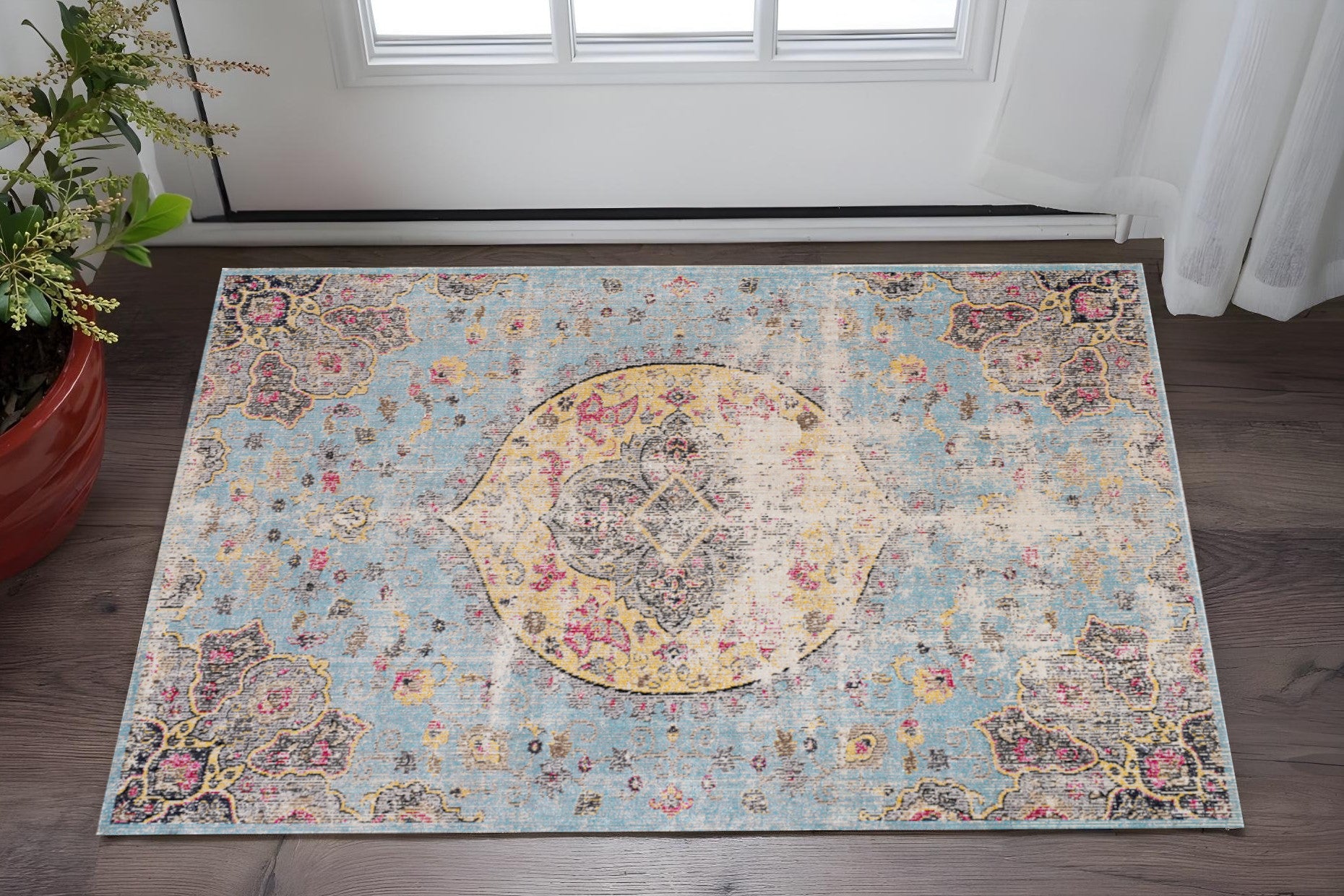 3 X 5 Blue Yellow And Pink Medallion Area Rug