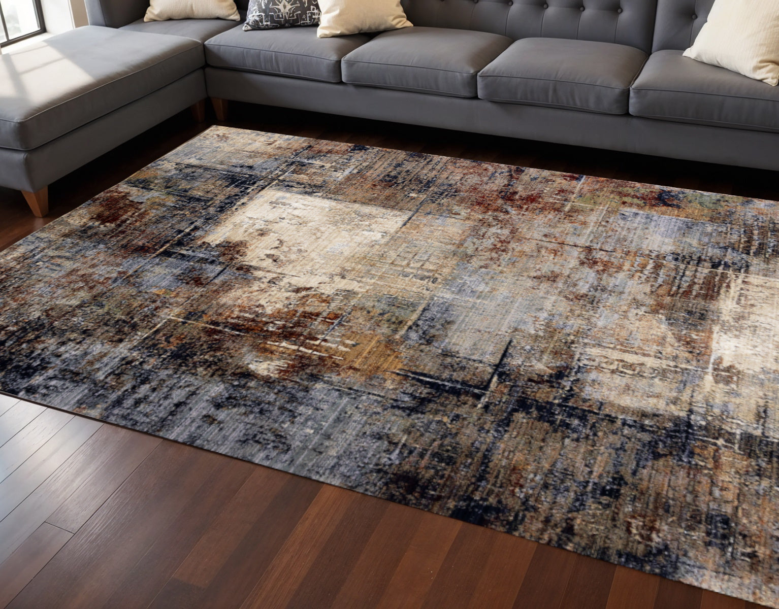 8 X 10 Cream Black And Tan Abstract Area Rug