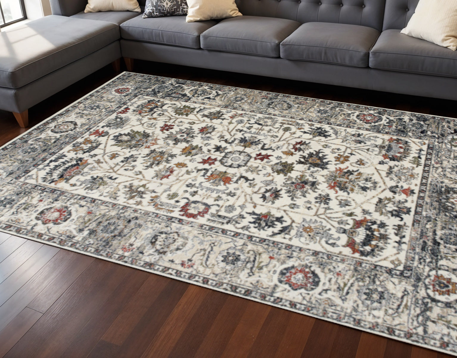 8 X 10 Cream Gray And Red Floral Medallion Area Rug