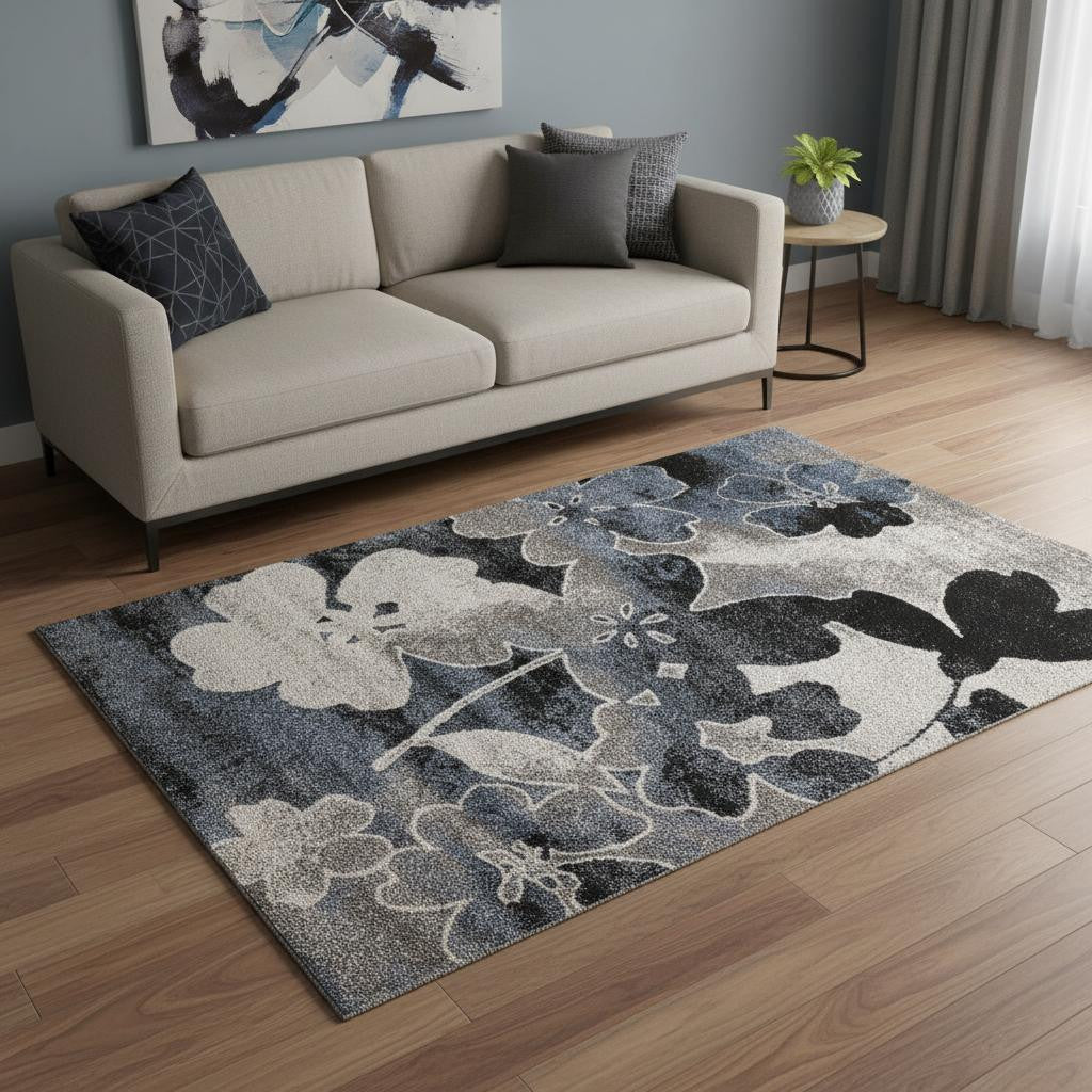 5 X 8 Blue Cream And Black Botanical Leaves Area Rug