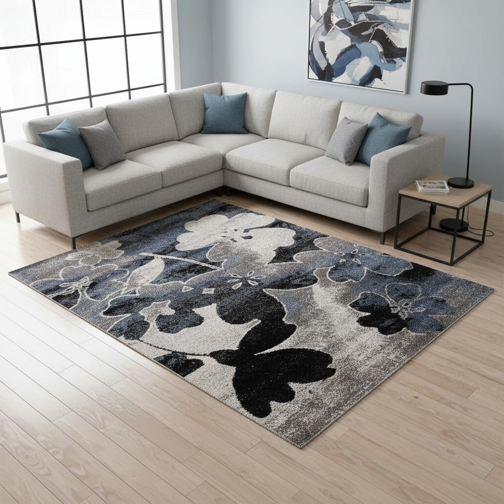 8 X 11 Blue Cream And Black Botanical Leaves Area Rug