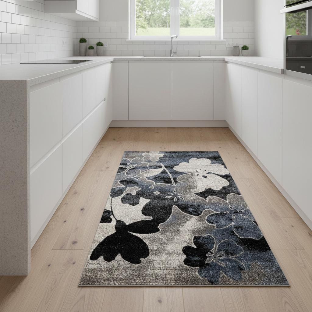 8 Blue Cream And Black Botanical Leaves Runner Rug