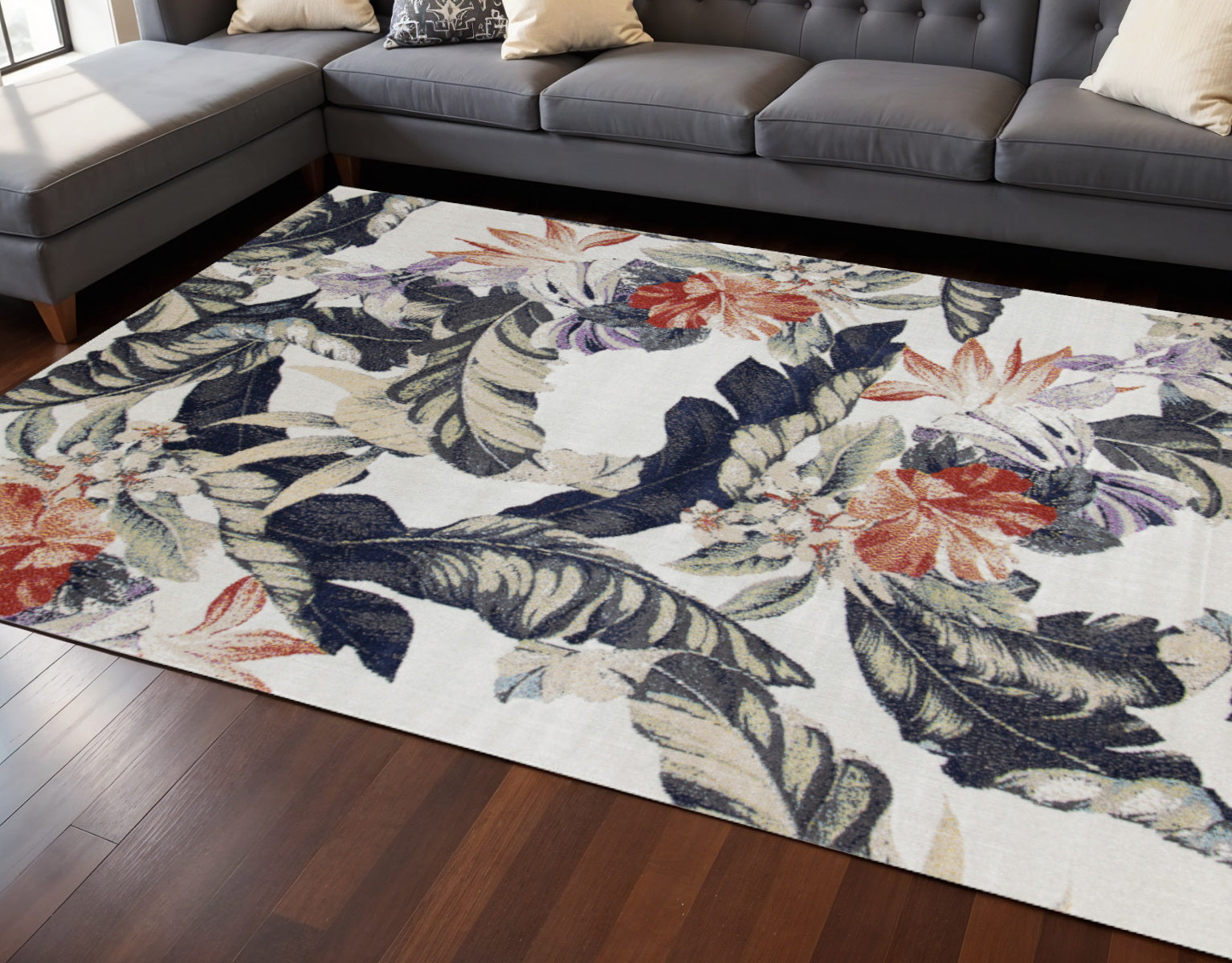 8 X 11 Cream Brick Red And Green Botanical Leaves Area Rug