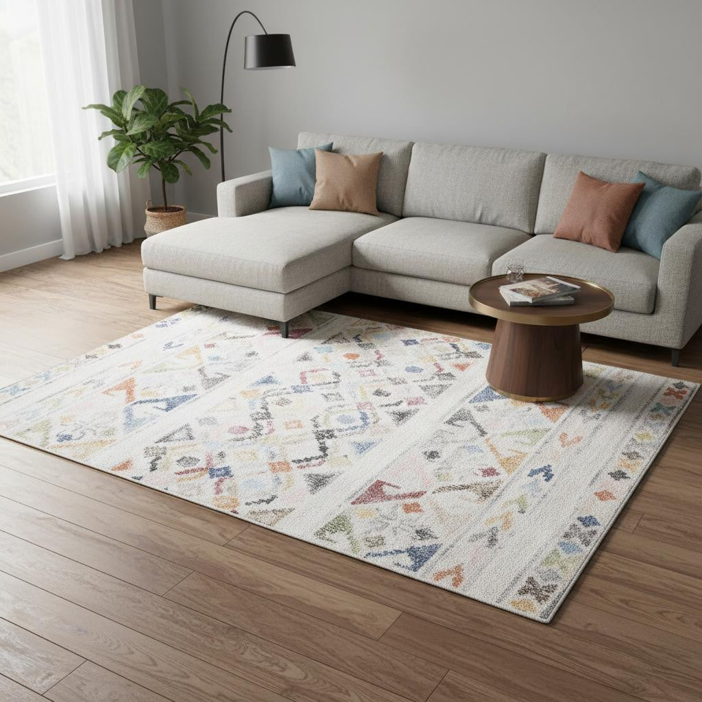 8 X 11 Cream Blue And Green Tribal Area Rug
