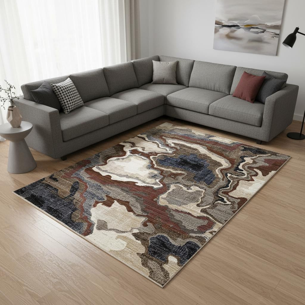 8 X 10 Beige Blue And Black Abstract Area Rug