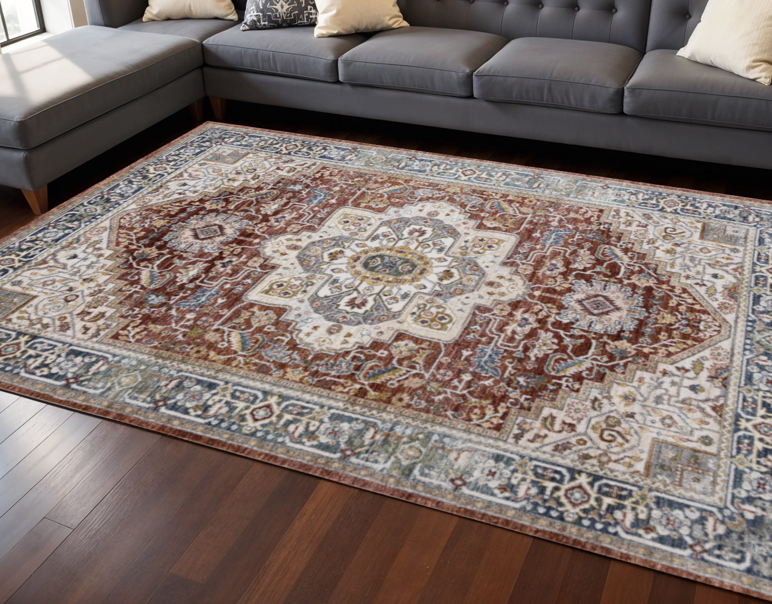8 X 10 Red Blue And Tan Medallion Area Rug