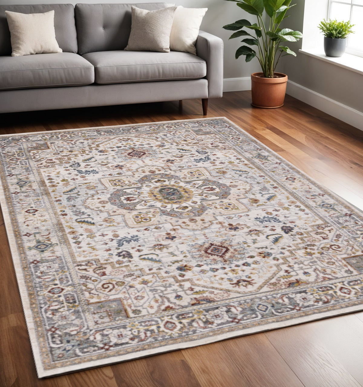 5 X 8 Cream And Blue Medallion Area Rug