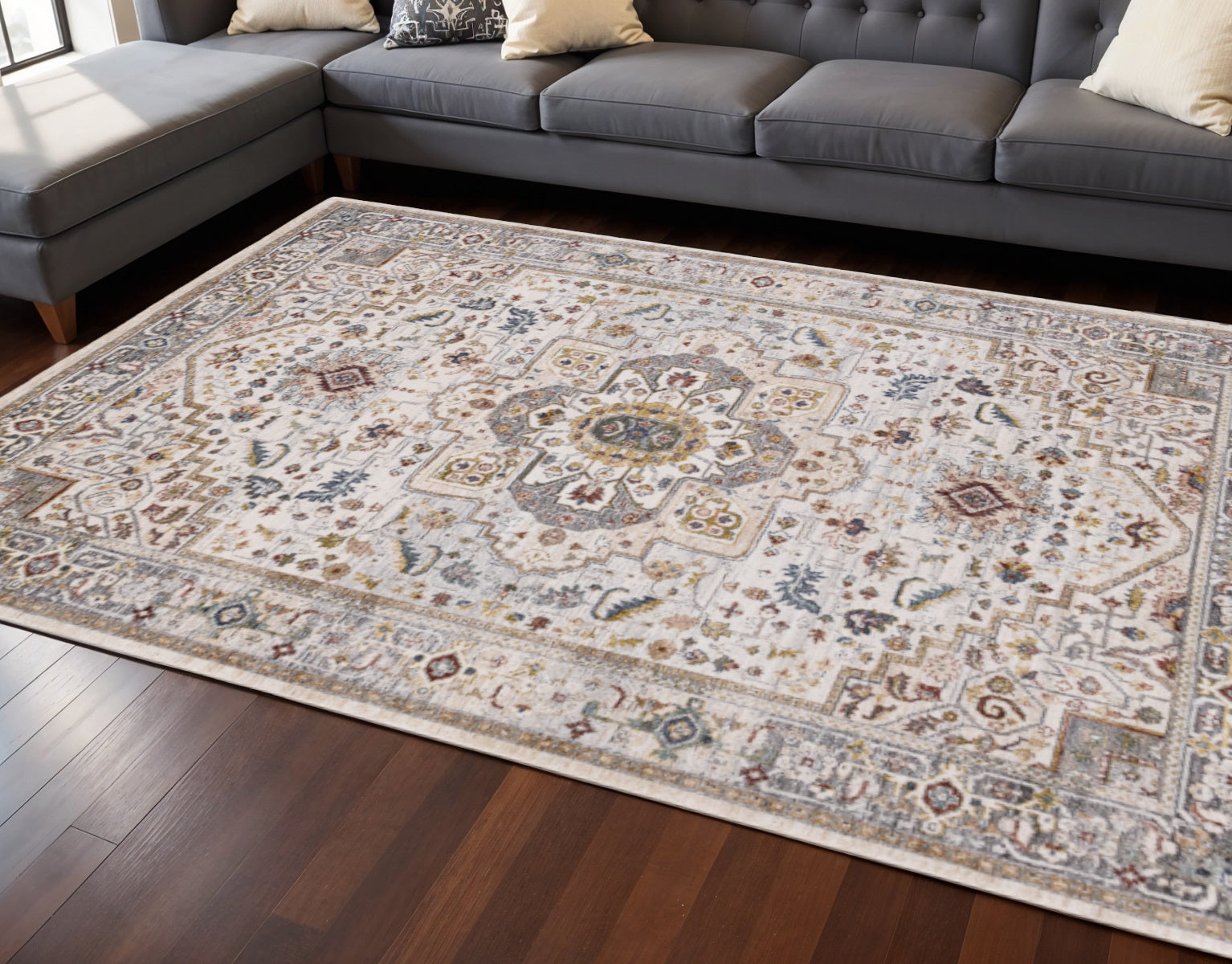 8 X 10 Cream And Blue Medallion Area Rug