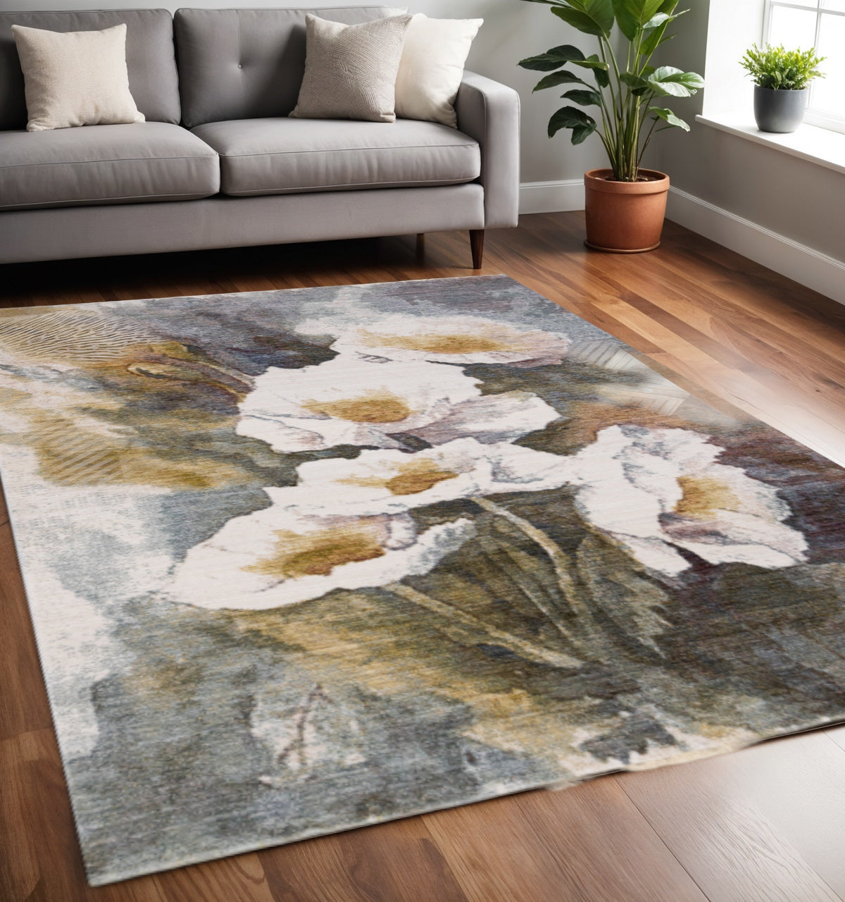 5 X 8 Cream Blue And Yellow Botanical Leaves Area Rug