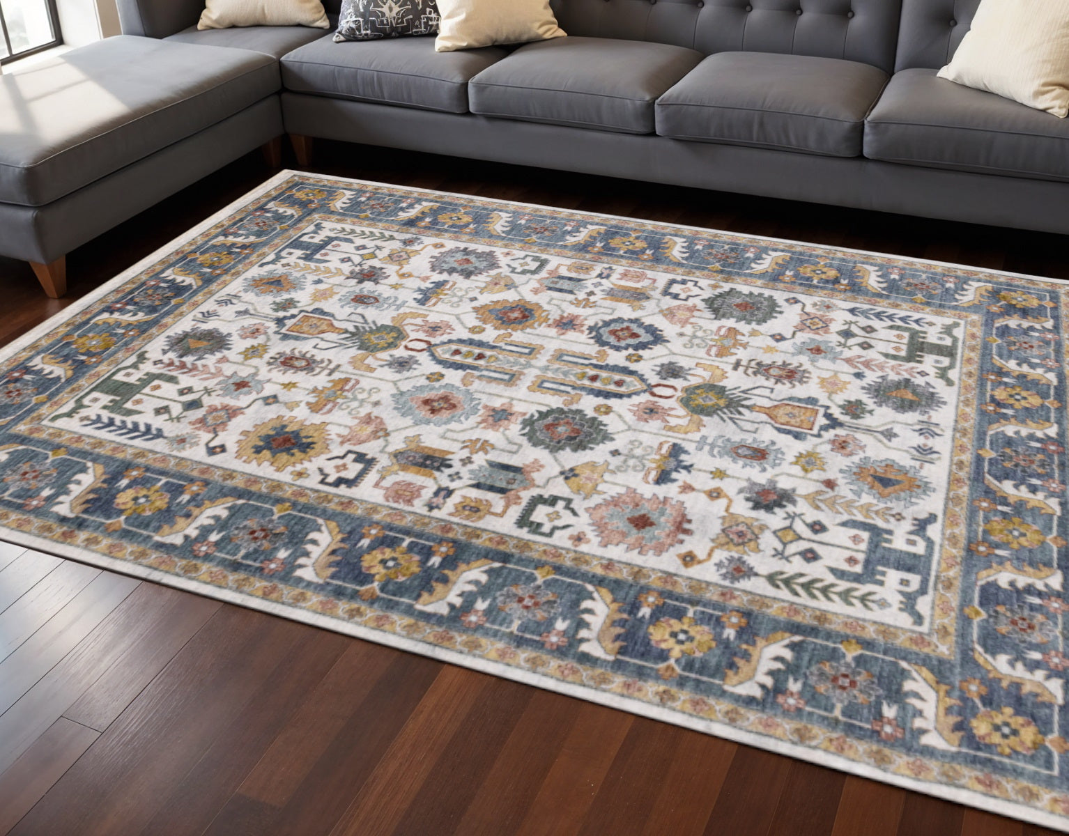 8 X 10 Cream Blue And Green Medallion Area Rug