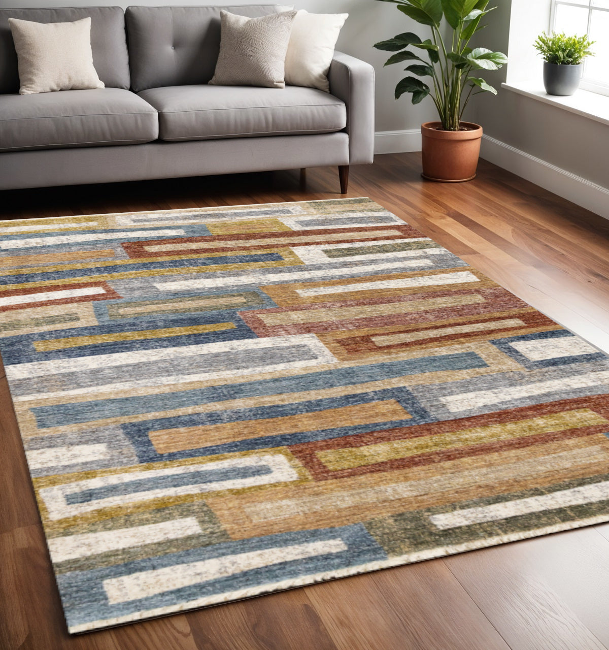 5 X 8 Yellow Blue And Brown Striped Area Rug