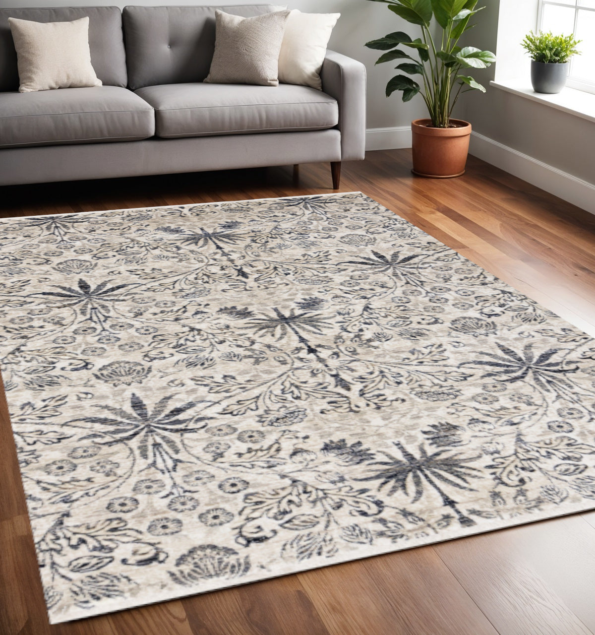 5 X 8 Cream And Blue Floral Medallion Area Rug