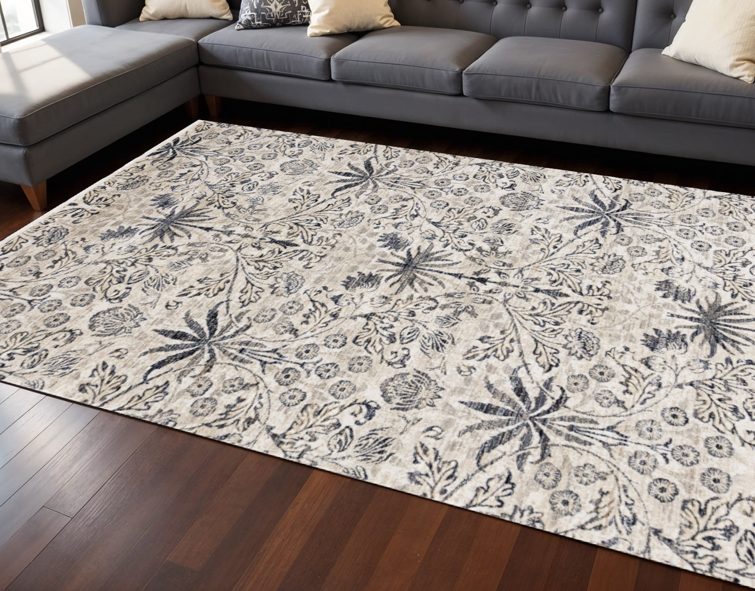 8 X 10 Cream And Blue Floral Medallion Area Rug