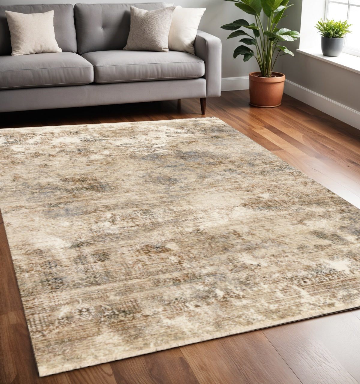 5 X 8 Cream Gray And Tan Abstract Area Rug