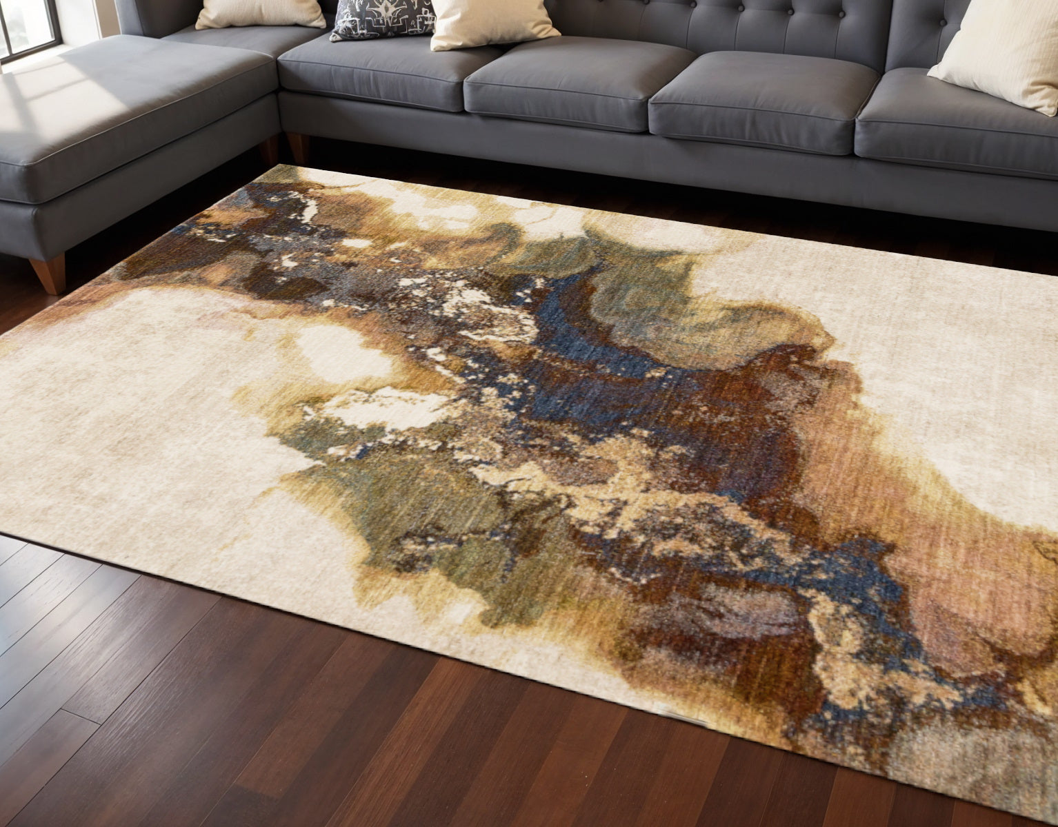 8 X 10 Beige Blue And Brown Abstract Area Rug