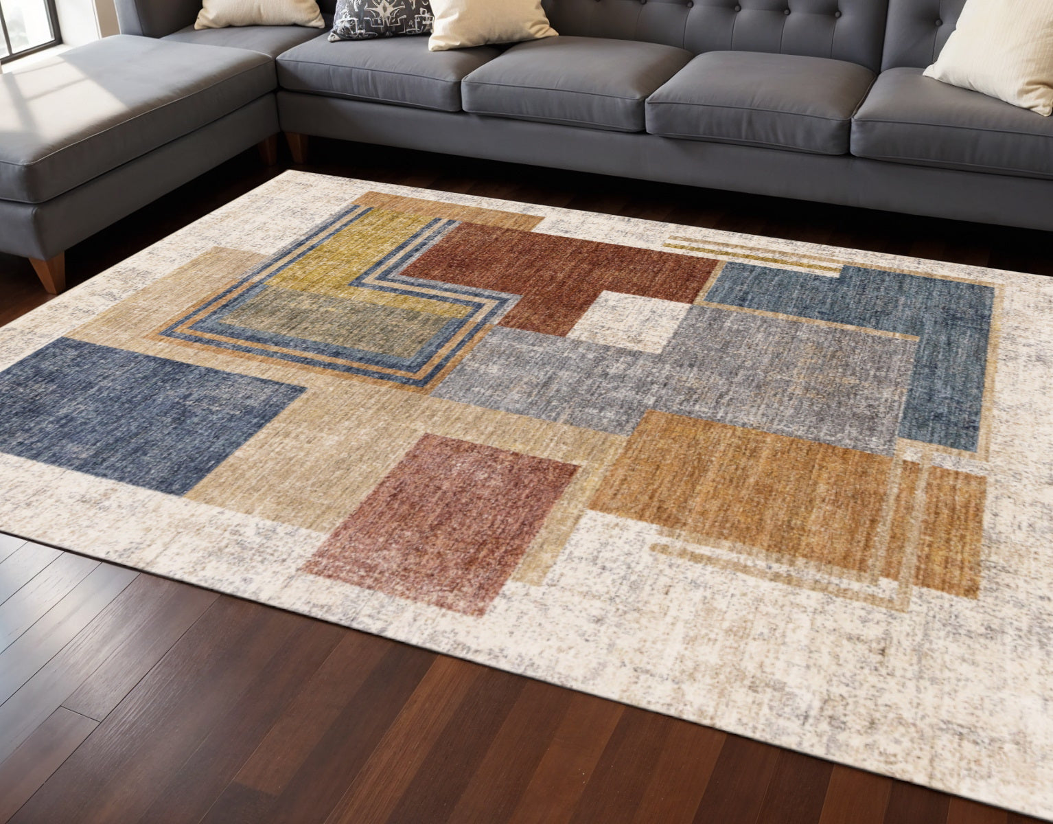 8 X 10 Cream Blue And Brown Geometric Area Rug