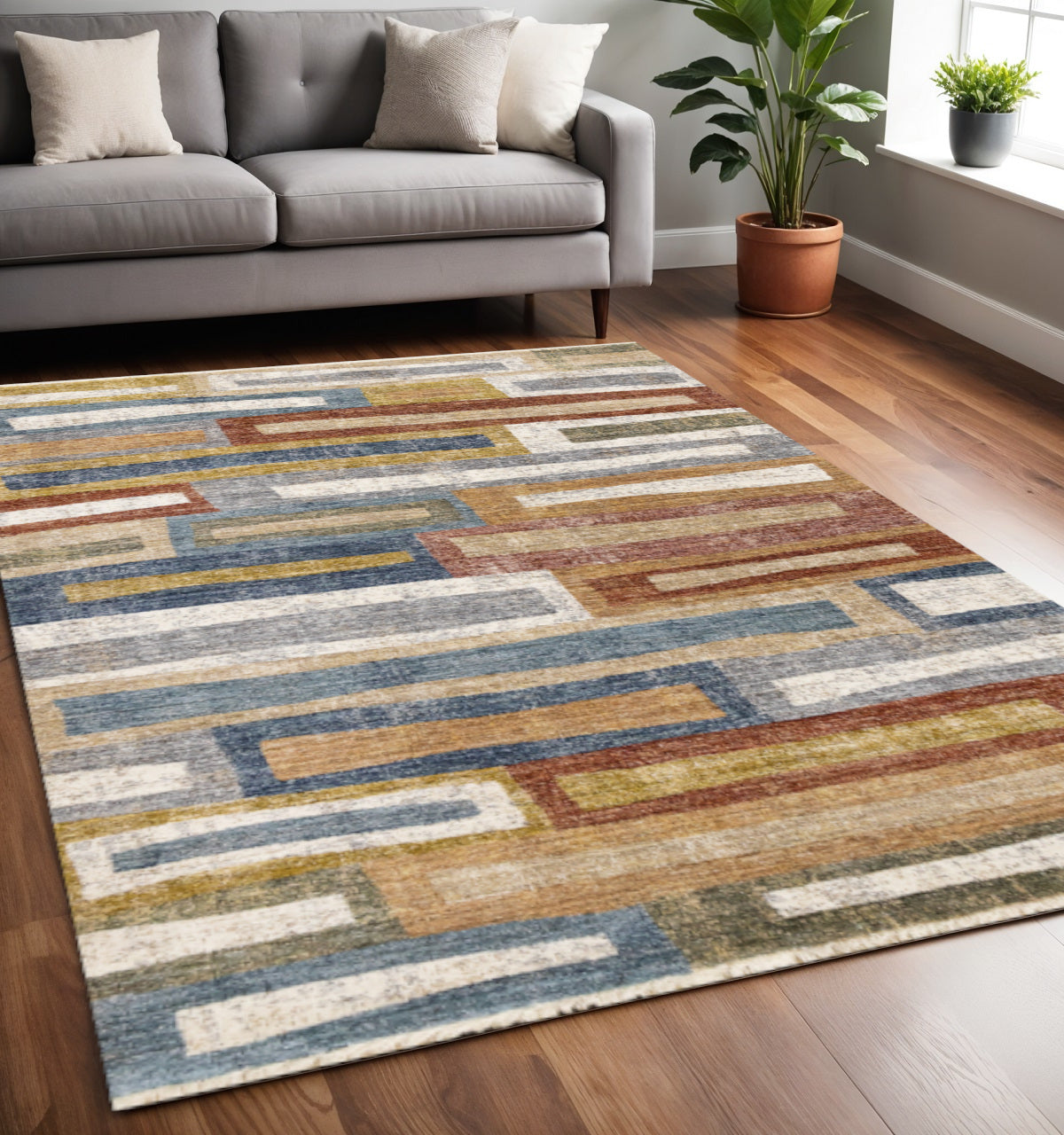 5 X 8 Orange Blue And Beige Geometric Area Rug