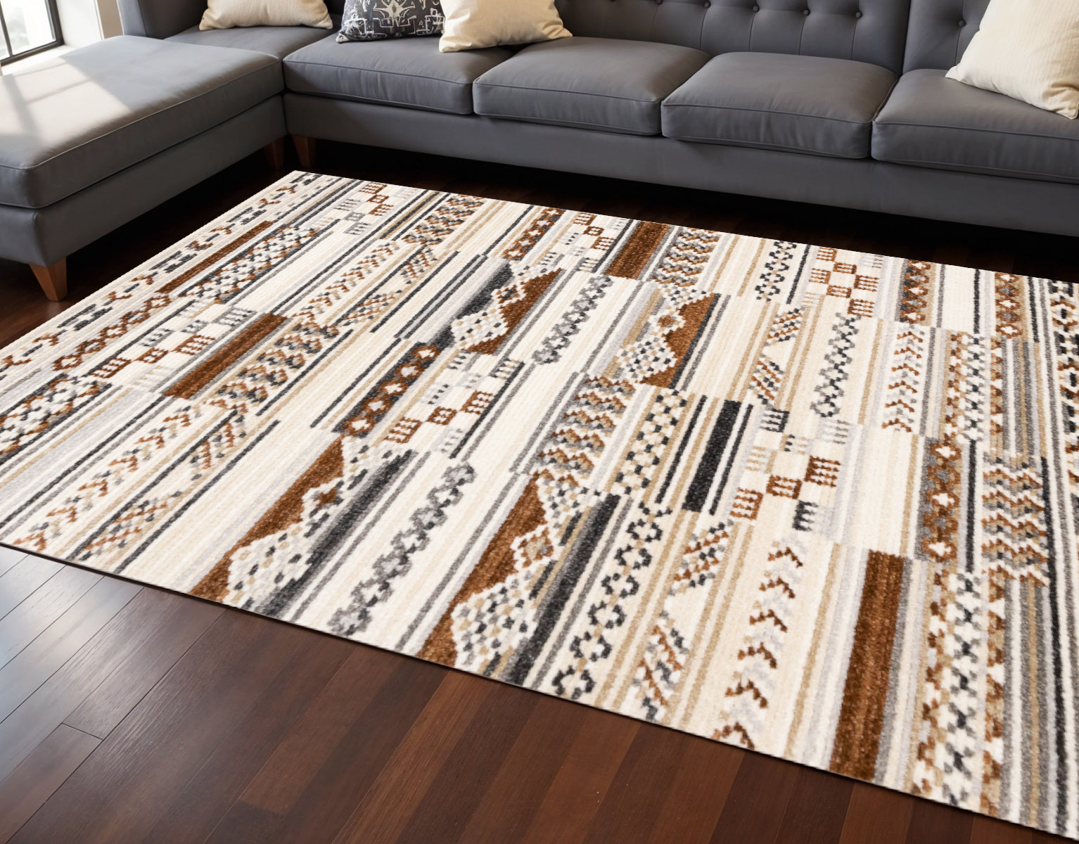 8 X 11 Cream Black And Brown Tribal Area Rug