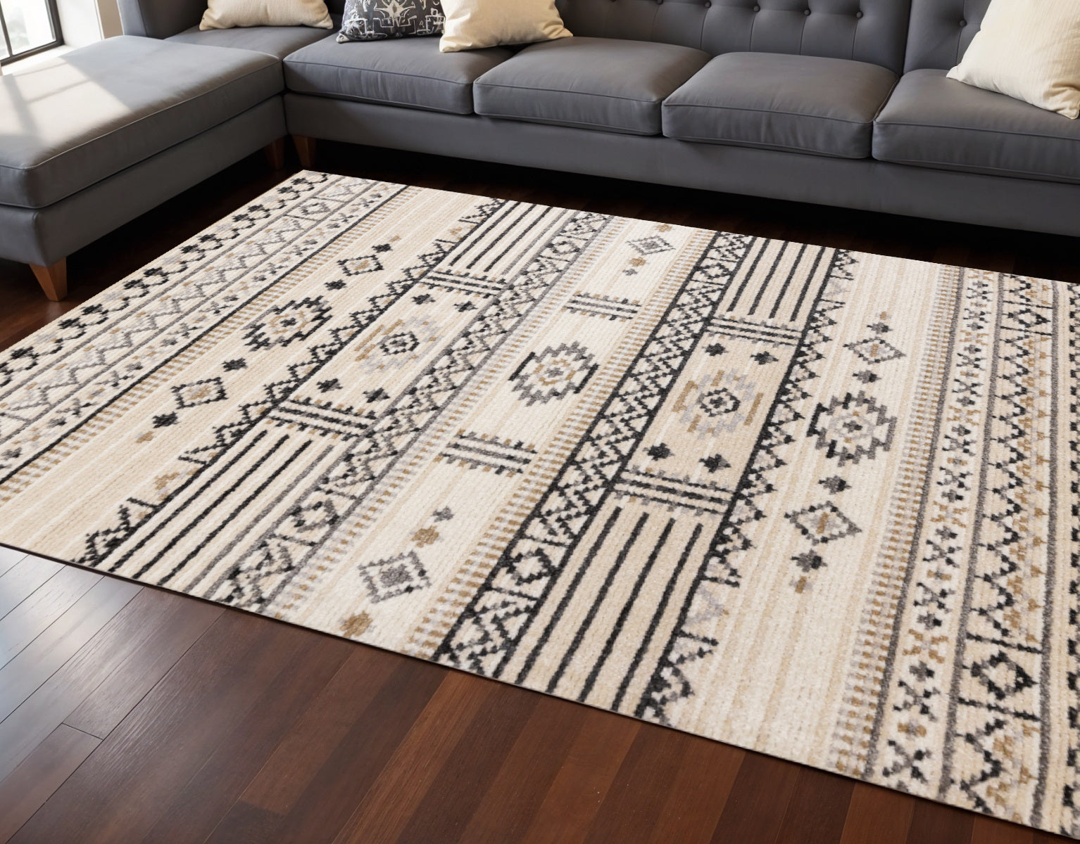 8 X 11 Cream And Black Tribal Area Rug