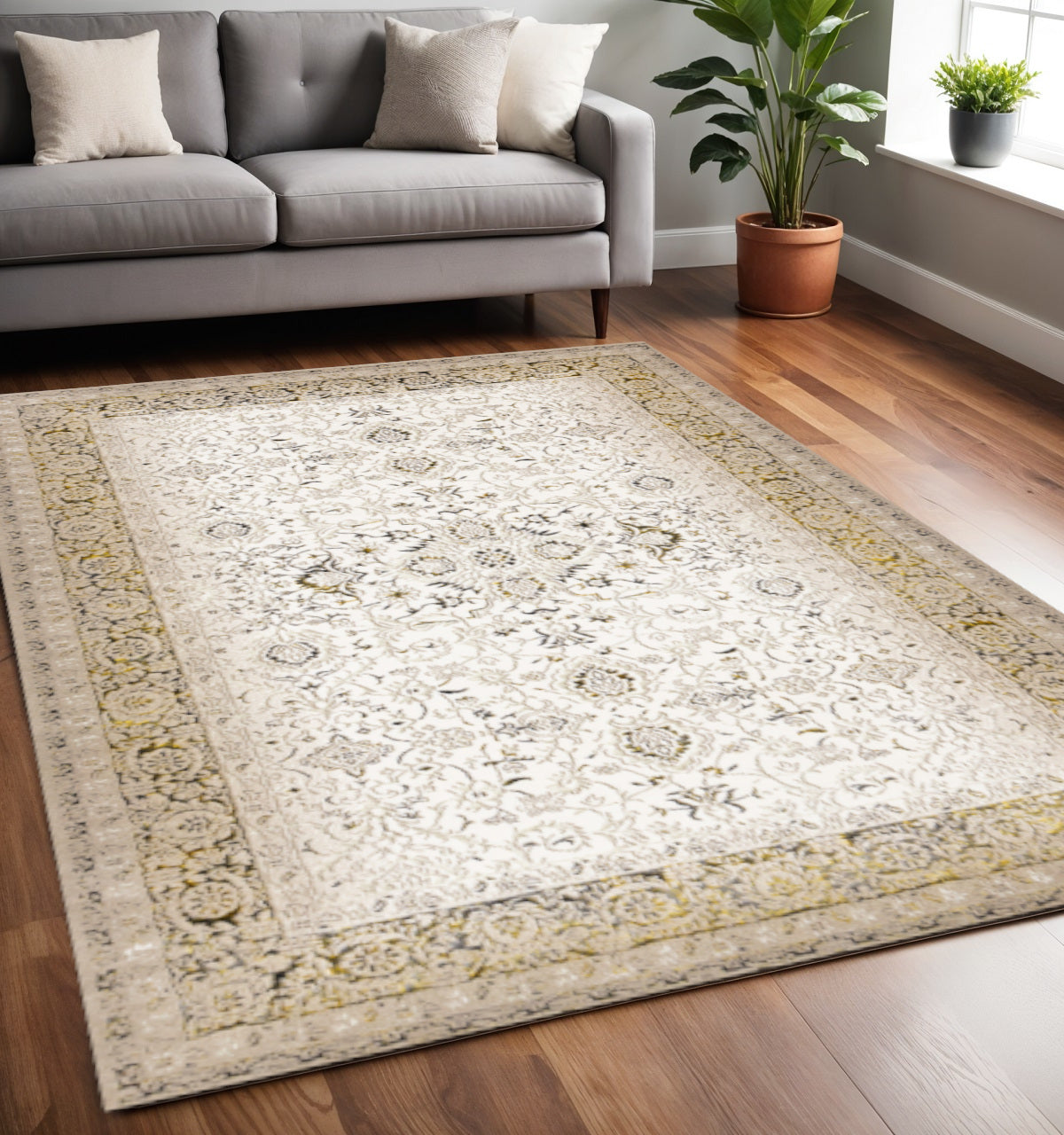 5 X 8 Cream Black And Tan Medallion Area Rug