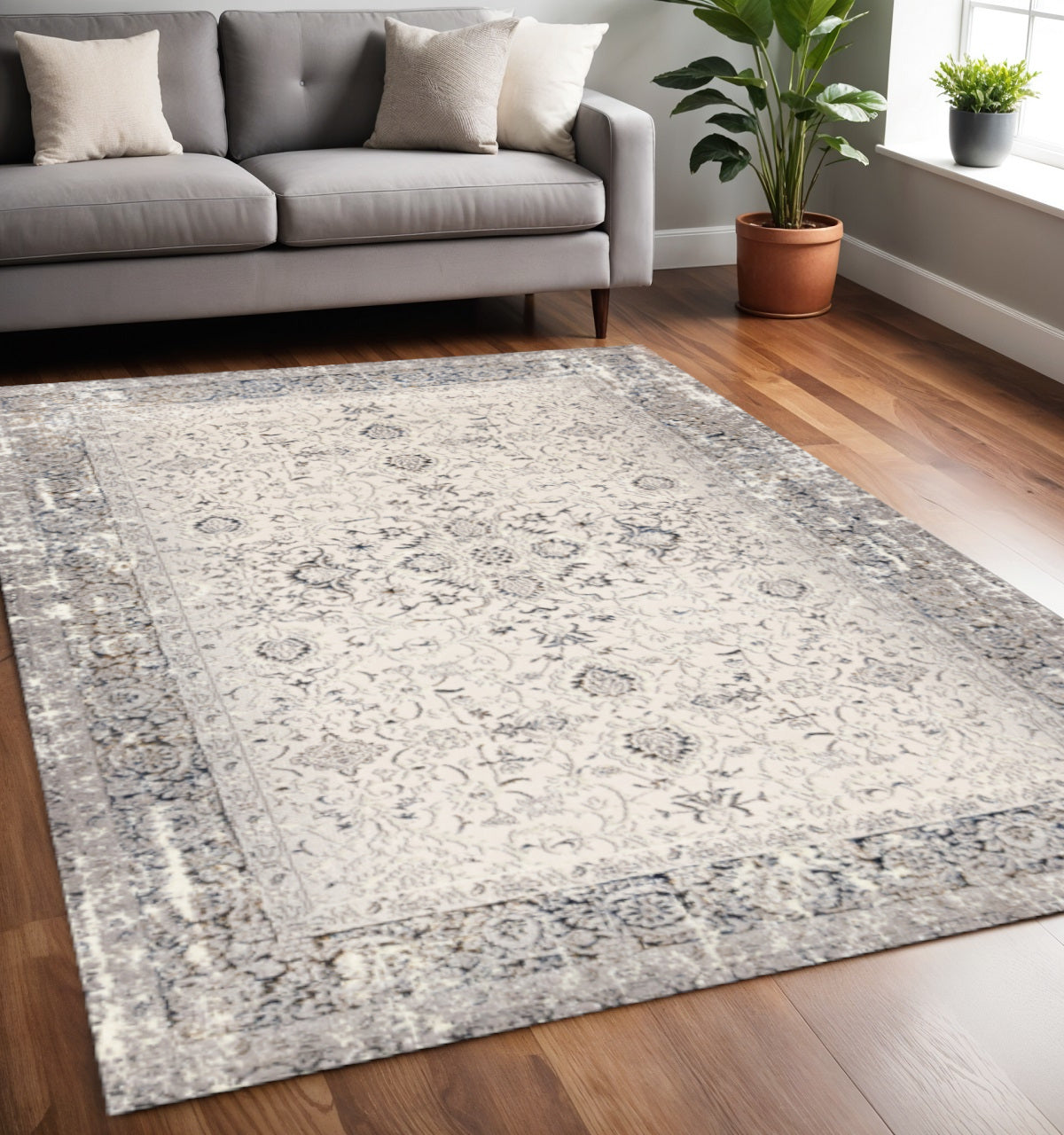 5 X 8 Cream Blue And Gray Medallion Area Rug