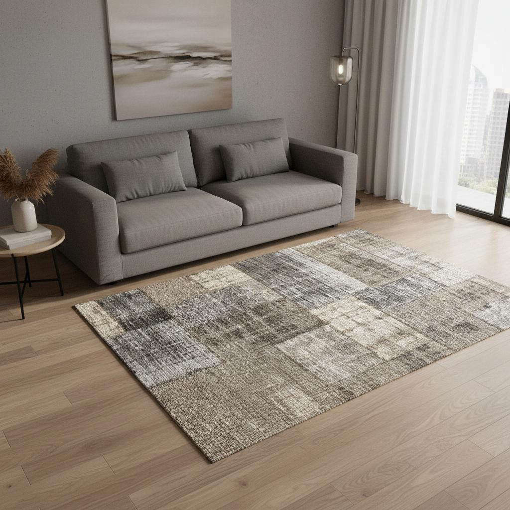 5 X 8 Gray Cream And Tan Abstract Area Rug